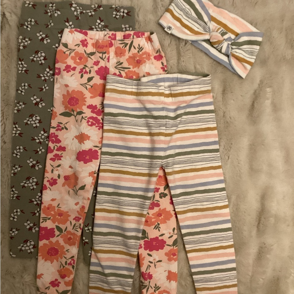 Floral and Striped Baby Leggings Set with Headband